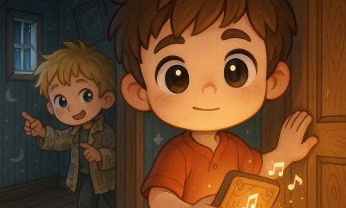 A 10-year-old boy with a round face, wide bright eyes and tousled brown hair, looking brave but slightly worried, holds a small carved wooden tablet in one hand and has a crumpled map in his pocket while placing his hand on an old wooden door as if closing it gently; a secondary boy of about 9 with tangled blond hair, a patched newspaper coat and a shy yet mischievous look stands in the attic room’s shadow to the left, pointing at a narrow cracked window; the narrow hallway of the old house has worn wooden planks, faded moon-patterned wallpaper, a silver moonbeam forming a triangle on the rug, tilted frames and a fogged mirror reflecting specks of dust; the main scene shows the 10-year-old closing the carved door with a soft click as the tablet in his hand glows warmly and emits faint sound waves that settle, creating a mysterious but comforting atmosphere with detailed wood grain, sparkling dust and soft shadows.