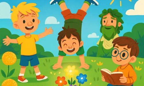 There are 3 characters: Leo, an 8-year-old boy with wheat-like blonde hair and sparkling curious eyes, wearing a yellow t-shirt and blue shorts. He stands on the left with his arms open, as if welcoming the world. Max, an 8-year-old boy with messy brown hair and a big smile lighting up his face, wears a green t-shirt and shorts. He is in the center, balancing on his hands and laughing joyfully. Eli, an 8-year-old boy with brown hair and round glasses that enlarge his curious eyes, wears a checkered shirt and jeans. He is on the right, crouched down holding an open book, looking at his friends with admiration. The main setting is a sunny meadow filled with giant dandelions with golden heads dancing in the wind. In the center, a man with a leaf beard, dressed in a robe made of book pages, stands in front of a group of colorful flowers shining in the sun. The sky is bright blue, dotted with white candy-shaped clouds. The main situation of the story shows the three friends discovering a magical garden where they plant glowing flowers, symbolizing their questions and dreams. The villagers, initially serious, begin to smile and play around them, transforming the meadow into a place of joy and discovery.