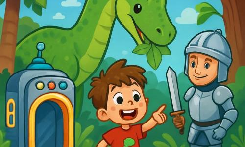 Een 6-jarig jongetje, Timo, met rommelig bruin haar en grote verwonderde ogen, staat voor een tijdmachine. Hij draagt een rode t-shirt met een dinosaurus en een blauwe korte broek, zijn gezicht straalt intense vreugde en sprankelende nieuwsgierigheid uit. Naast hem leunt een herbivoor-dinosaurus met een groene huid en glanzende schubben om bladeren van een reusachtige boom te eten. Een ridder van ongeveer 30 jaar, met glanzende zilveren wapenrusting en een helm, staat iets verderop met een zwaard in de hand en kijkt Timo vriendelijk aan. De achtergrond is een weelderig prehistorisch bos, gevuld met gigantische bomen, reusachtige varens en kleurrijke bloemen. De lucht is helder blauw met donzige witte wolken. Timo, verwonderd, wijst lachend naar de dinosaurus terwijl de ridder nieuwsgierig naar hem toekomt, klaar om met hem te praten.