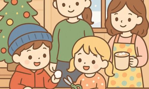 Een jongen van 6 jaar, glimlachend en verwonderd, kort bruin haar, rode jas en blauwe muts, lijmt wattenbolletjes op papier om een sneeuwman te maken aan een tafel; een meisje, Lisa, ongeveer 6 jaar, blond met staartjes en een stippenjurk, glimlacht en reikt een schaar aan terwijl ze naast hem zit; de moeder, volwassen, kastanjebruin haar in een staart en een groen trui, staat achter hen met een warme blik; een vrijwilliger met een zachte glimlach en een kleurrijk schort zet een grote mok warme chocolademelk op een andere tafel op de achtergrond; locatie: een klein, gezellig buurtcentrum met lichte houten muren, een grote raam met vallende sneeuw, lichtslingers, een versierde kerstboom en tafels met gekleurd papier, glitters en lijm — sfeervolle, warme verlichting, kinderen maken winterdecoraties vol blijheid en saamhorigheid.