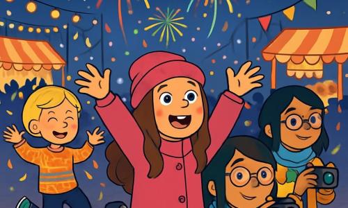 Es gibt vier Kinder: Paula, ein 10-jähriges Mädchen mit langen braunen Locken, trägt einen leuchtend rosa Mantel und eine Wollmütze. Sie steht in der Mitte mit erhobenen Armen, begeistert von den Feuerwerken. Tessa, ein 11-jähriges Mädchen mit kurzen blonden Haaren, trägt einen bunten Pullover und schwarze Hosen. Sie tanzt fröhlich links von Paula, umgeben von Konfetti. Samira, ein 10-jähriges Mädchen mit glatten schwarzen Haaren, trägt einen blauen Schal und eine Brille. Sie steht rechts von Paula, hält eine Kamera und lächelt, während sie Fotos von den Feuerwerken macht. Jule, ein 10-jähriges Mädchen im Rollstuhl mit roten Haaren und strahlendem Lächeln, trägt einen roten Mantel. Sie steht leicht im Hintergrund, umgeben von ihren Freundinnen, und hebt die Faust zur Feier. Der Ort ist ein großer, belebter Platz, erleuchtet von funkelnden Lichterketten und bunten Laternen. Im Hintergrund sind Essensstände mit Neujahrsleckereien sichtbar, und Menschen tanzen fröhlich um eine Bühne, wo ein spektakuläres Feuerwerk den Nachthimmel erhellt. Die Hauptsituation zeigt die vier Freunde, die zusammen Neujahr feiern, umgeben von Lachen und Farben, während Feuerwerke am Himmel explodieren und eine festliche, magische Atmosphäre schaffen.