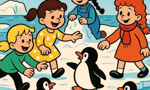 Er zijn vier meisjes van 8 jaar: een met bruine twee staarten en een gele jurk met witte stippen die lacht en een pinguïn rechtsaanraakt; een met kort blond haar en een groene trui die naar links over het ijs glijdt en juicht; een met zwart ingevlochten haar en een blauwe tuinbroek die iets achteraan in het midden een sneeuwfortje bouwt; een met rood krullend haar en een rode sjaal die de hand van het eerste meisje vasthoudt en naar de rand van de ijsschots rechts kijkt. De scène speelt zich af op een grote glanzende witte ijsschots met doorzichtige blauwe barsten, zilveren reflecties en turquoise smeltwater bij de randen en enkele smeltende ijsblokken. De meisjes spelen met ronde zwarte pinguïns met witte buiken; de sfeer is vrolijk maar er zijn druipjes en kleine stroompjes water die het smelten tonen, felle kleuren, dikke contouren en warme, dynamische mimiek.