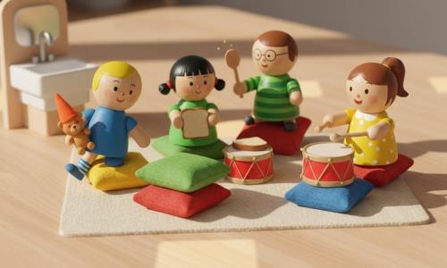 There are four children as wooden figurines: Mia, 5, a painted figure with a yellow polka-dot dress, brown ponytail, on the right beating a small red drum with a stick; Max, 5, a wooden figure with a blue T-shirt and striped socks, blond hair, on the left holding a miniature teddy with an orange hat over its eyes and comically tumbling onto a cushion; Lina, 4, a wooden figure with a green dress and black pigtails in the center placing an imaginary wooden sandwich slice on a blue pillow; Ben, 6, a wooden figure with a green striped sweater and painted glasses behind the others waving a wooden spoon like a judge and blowing gently; setting: a living room turned diorama on a light wood table with a cream miniature rug, felt cushions stacked like small islands, painted sunlit squares, a small white toy sink, a red drum at the center and the miniature teddy; main scene: the four friends play a slow, funny cushion race, lined up ready to crawl, lively scene with warm colors, visible wood and felt textures, and soft late-afternoon lighting.