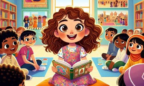 No centro da imagem, uma menina de 10 anos chamada Sofia, com cabelos castanhos cacheados e olhos curiosos, sorri alegremente enquanto segura um livro colorido aberto à sua frente. Ela usa um vestido bonito com estampas florais e está sentada em uma almofada macia em uma biblioteca iluminada, cercada por estantes de livros com capas vibrantes. Ao lado dela, Amil, um garoto de 10 anos com cabelos negros e encaracolados e pele levemente bronzeada, veste uma kurta colorida. Ele olha para Sofia com um sorriso cúmplice, segurando um prato de samosas que compartilha com ela. A biblioteca é espaçosa, com grandes janelas que deixam entrar a luz do sol, iluminando as paredes decoradas com murais de diferentes culturas. Tapetes coloridos estão espalhados pelo chão, e crianças de diversas origens estão sentadas ao redor, ouvindo atentamente as histórias que Sofia e Amil compartilham. A cena principal mostra Sofia e Amil apresentando histórias sobre suas culturas, cercados por outras crianças fascinadas, criando uma atmosfera calorosa e alegre, cheia de risos e trocas.