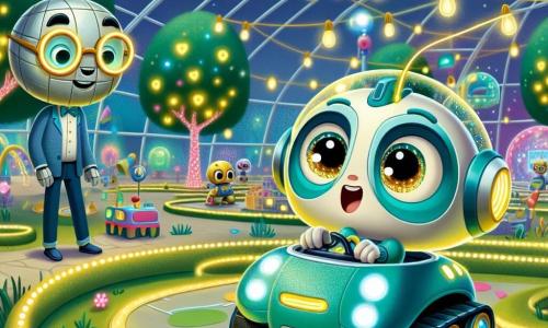 Zipp, um pequeno robô redondo com antenas brilhantes em azul e verde, está programando um mini veículo voador em uma pista de obstáculos no Parque das Curiosidades. Seus olhos luminosos expressam grande excitação e curiosidade, enquanto ele usa suas pequenas mãos metálicas para ajustar os comandos. Perto dele, um robô mais velho, com forma alongada e luzes douradas, observa Zipp com um sorriso benevolente. Ele usa óculos futuristas e parece orgulhoso de ver a criatividade de Zipp, dando-lhe conselhos. O parque é um lugar mágico, cheio de cores vibrantes, com árvores cantantes e folhas brilhantes, além de um grande domo transparente no centro, onde crianças robôs exploram estações interativas. Flores luminosas cercam a cena, adicionando um toque de magia. A cena principal mostra Zipp concentrado em seu veículo voador, cercado por outras crianças robôs que se divertem e aprendem, criando uma atmosfera alegre e dinâmica.