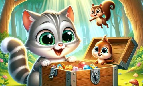 Un motan gri cu dungi albe, pe nume Miau, cu ochi mari strălucitori de curiozitate și un zâmbet jucăuș, deschide o cutie veche din lemn în mijlocul unei păduri însorite. Lângă el, o veveriță mică, căprie, pe nume Ticu, cu o coadă pufoasă, sare de bucurie, cu labele ridicate, în timp ce privește cutia cu entuziasm. Pădurea este plină de copaci verzi cu frunze strălucitoare, flori colorate și un rază blândă de soare care filtrează printre crengi, creând o atmosferă magică. Miau și Ticu descoperă împreună o surpriză ascunsă în cutie, plină de jucării și dulciuri, ceea ce îi face foarte fericiți și curioși să împărtășească descoperirea lor cu prietenii.