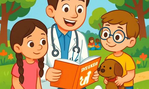 Een glimlachende en enthousiaste mannelijke dierenarts, Daan, draagt een witte labjas en een stethoscoop om zijn nek. Hij is gezeten in het gras met een boek over dierenverzorging, omringd door kinderen. Onder de kinderen is Lotte, een 8-jarig meisje met lange vlechten en een roze t-shirt, die aandachtig naar het boek kijkt. Naast haar houdt Mees, een 7-jarige jongen met een bril en een blauwe short, een klein hondje aan de lijn en kijkt het bewonderend aan. De scène speelt zich af in een zonnig park met groene bomen en een blauwe lucht met witte wolken. Kleurige bloemen sieren het pad en een groep kinderen zit in een cirkel op het gras. Daan legt aan de kinderen uit hoe ze voor dieren moeten zorgen, terwijl Flip, zijn eend, vrolijk om hen heen loopt en een vrolijke noot toevoegt aan deze mooie leerzame dag.
