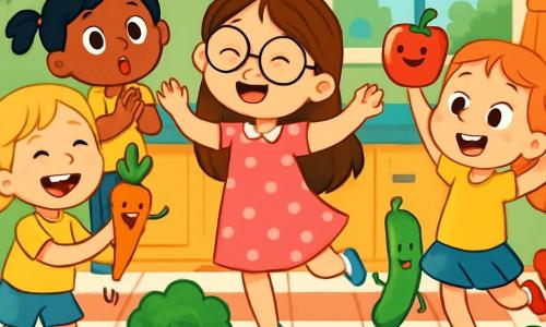 Er zijn 4 kinderen: - Lotte: een 7-jarig meisje met lange, bruine haren en ronde bril. Ze draagt een roze jurk met stippen en danst vrolijk in het midden van de keuken, omringd door dansende groenten. - Fleur: een 6-jarig meisje met blonde vlechten en een gele t-shirt. Ze staat links van Lotte, lachend met een wortel die pirouettes maakt. - Emma: een 7-jarig meisje met rood haar en sproeten. Ze staat rechts van Lotte, springend met een rode paprika in haar handen, met een grote glimlach op haar gezicht. - Noor: een 6-jarig meisje met zwart haar en twee staarten. Ze staat achter Lotte en applaudisseert voor de dansende groenten, met grote, verbaasde ogen. De locatie is een lichte en kleurrijke keuken met pastelgroene muren. De vloer is van wit en rood tegelwerk, en een groot raam laat zonlicht binnen. Op het aanrecht dansen vrolijk gekleurde groenten, terwijl een grote, blije salade klaar is om geserveerd te worden. De hoofdscène toont de vier vriendinnen die dansen en lachen met groenten die tot leven komen, wat een feestelijke en leuke sfeer creëert. De groenten, zoals wortels en tomaten, springen en draaien om de kinderen heen, terwijl de keuken gevuld is met vreugde en felle kleuren.