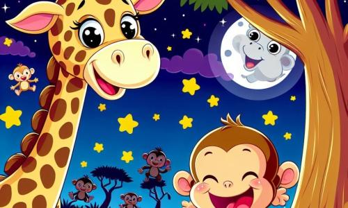 Eine fröhliche Giraffe namens Gigi mit einem langen gefleckten Hals und großen funkelnden Augen steht unter einem großen Baum und hat ein strahlendes Lächeln im Gesicht. Sie schaut auf einen schelmischen kleinen Affen namens Max, der fröhlich auf einem Ast klettert, mit braunem Fell und schelmischen Augen, und laut lacht. Die Szene spielt in einem nächtlichen Zoo, beleuchtet vom sanften Licht des Mondes, mit den Schatten anderer schlafender Tiere im Hintergrund und funkelnden Sternen am Himmel. Gigi und Max teilen einen lustigen Moment, als ein großer roter Apfel vom Himmel fällt und auf Gigis Kopf landet, was beide zum Lachen bringt.
