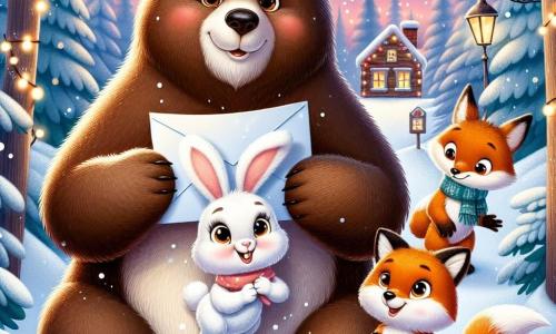 Un grande orso bruno, di nome Bruno, con un pelo morbido e occhi scintillanti di gioia, tiene una lettera brillante tra le zampe, sorridendo con entusiasmo. Accanto a lui, un piccolo coniglio bianco dalle grandi orecchie, di nome Pino, salta di felicità, i suoi occhi rotondi pieni di eccitazione mentre ammira la lettera. Un po' più in là, una volpe rossa, Lila, con un pelo splendente e un sorriso malizioso, applaude gioiosamente, i suoi occhi scintillanti di curiosità. La scena si svolge in una foresta innevata, dove fiocchi di neve cadono dolcemente dagli alberi maestosi, illuminati da ghirlande di luci scintillanti. Case di legno, decorate con luci colorate, si stagliano sullo sfondo, creando un'atmosfera calda e festosa. Bruno, Pino e Lila sono insieme, pronti a portare la lettera a Babbo Natale, pieni di eccitazione e amicizia, in un momento magico di condivisione e gioia natalizia.