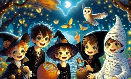 In una magica notte di Halloween, quattro bambini si trovano al centro di una radiosa radura illuminata da lucciole scintillanti. Michele, un ragazzo di 11 anni con capelli castani disordinati e un costume da vampiro nero, sorride entusiasta tenendo una grande borsa piena di caramelle. Sara, una ragazza di 10 anni, è travestita da strega con un cappello a punta e un vestito nero, gli occhi brillanti di eccitazione mentre indica un gufo su un ramo. Tommaso, un ragazzo di 12 anni, è vestito da mummia, con bende bianche che fluttuano attorno a lui, ridendo mentre guarda una piccola creatura fatata che danza al centro della radura. Martina, una ragazza di 11 anni, indossa un lenzuolo bianco come costume da fantasma, con un sorriso malizioso, tenendo un sacchetto di caramelle colorate in una mano. La radura è circondata da alberi con tronchi nodosi, le cui foglie autunnali frusciano al vento, e al centro, una piccola fata luminosa con ali iridescenti brilla, offrendo caramelle magiche ai bambini meravigliati. È una scena piena di gioia e mistero, dove amicizia e magia di Halloween si incontrano sotto un cielo stellato.