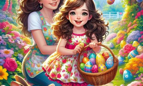 Una bambina di 6 anni, Clara, con lunghi capelli castani e occhi pieni di curiosità, è accovacciata in un giardino colorato, un grande sorriso illumina il suo viso. Indossa un vestito a fiori vivaci e tiene un cestino di vimini pieno di uova di Pasqua multicolori. Accanto a lei, sua madre, una donna di circa 30 anni con capelli castani e un sorriso caloroso, è in piedi con le braccia incrociate, osservando Clara con orgoglio e gioia. Indossa un bel grembiule con motivi di conigli e fiori, aggiungendo un tocco festoso alla scena. Il giardino è un vero e proprio quadro vivente, pieno di fiori brillanti, cespugli verdi e un grande albero con fogliame lussureggiante. Uova di Pasqua decorate sono nascoste tra i fiori e festoni colorati fluttuano nell'aria, creando un'atmosfera gioiosa e primaverile. Clara scopre un uovo di cioccolato gigante nascosto sotto un cespuglio di rose, i suoi occhi si illuminano di sorpresa ed eccitazione mentre si prepara a prenderlo, rendendosi conto che sta per vivere un'avventura magica.