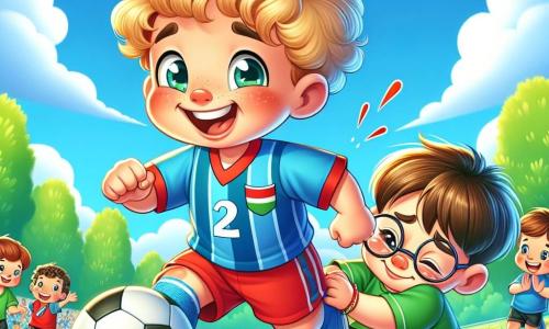 Mały chłopiec Kacper, mający 2 lata, z blond kręconymi włosami i szerokim uśmiechem, radośnie biega po zielonym boisku piłkarskim, nosząc niebieską koszulkę i czerwone spodenki. Dribbluje piłkę nożną, a jego oczy błyszczą determinacją i ekscytacją. Obok niego siedzi 3-letni Jacek z brązowymi włosami i okularami, trzymając kostkę z wyrazem bólu, ale również wsparcia dla przyjaciela. Ma na sobie zielony t-shirt i czarne spodenki. Boisko otoczone jest zielonymi drzewami i kolorowymi kwiatami, pod niebieskim niebem z białymi chmurami. Przyjaciele Kacpra w tle klaskają i kibicują, tworząc radosną i dynamiczną atmosferę. Kacper, skoncentrowany i pełen energii, jest gotowy do strzału na bramkę, a jego przyjaciele entuzjastycznie go wspierają, ilustrując ducha zespołowości i przyjaźni w sporcie.