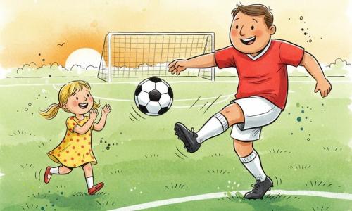A smiling tanned male soccer player with short brown hair in a red jersey and white shorts kicks a black-and-white ball into the air while Lily, a lively 5-year-old with blonde pigtails in a yellow polka-dot dress, claps and runs toward the ball to his left on a large green field with short grass, crisp white lines, a goal with a light net in the background and a low orange sun on the horizon during a warm, late-afternoon friendly training.