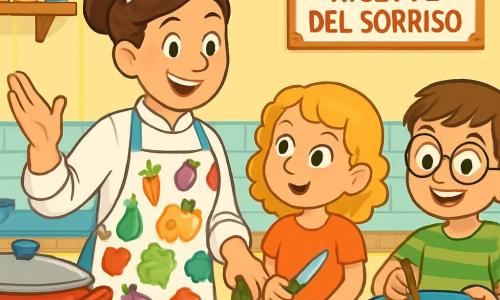 Chef Martina, una donna sorridente con i capelli castani raccolti in uno chignon, indossa un grande grembiule con motivi di verdure colorate. È in piedi nella sua cucina, circondata da pentole e verdure fresche, con un'espressione di eccitazione sul volto. Accanto a lei, Sofia, una ragazza di 8 anni con capelli biondi e ricci, osserva attentamente, con gli occhi brillanti di curiosità, tenendo un coltello di plastica per aiutare a tagliare le verdure. Un altro ragazzo, Luca, di 7 anni, con occhiali tondi e una maglietta a righe, mescola l'impasto in una grande ciotola, con un sorriso di orgoglio sul volto. La cucina è spaziosa e luminosa, con pareti dipinte di giallo pastello, mensole piene di barattoli di spezie colorate e un grande piano di lavoro in legno dove gli ingredienti sono disposti con cura. In questa scena, Chef Martina e i bambini stanno preparando un piatto speciale per la "Gara delle Ricette del Sorriso", ciascuno impegnato con entusiasmo, creando un'atmosfera gioiosa e conviviale.