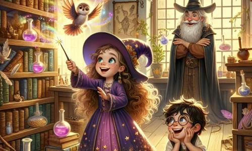 Lucinda, una aprendiz de bruja de diez años, está en el centro de la imagen, con largos cabellos rizados y ojos llenos de curiosidad. Lleva un vestido violeta adornado con estrellas doradas y sostiene una varita brillante que emite chispas de colores. Su rostro expresa una alegría contagiosa mientras observa una pequeña pluma danzante que gira a su alrededor. A su lado está Marko, su mejor amigo, un niño de diez años con cabello castaño desordenado y gafas redondas. Se ríe a carcajadas, sentado en el suelo, tratando de atrapar una burbuja de poción que flota cerca de él. Al fondo, la profesora Cucurucho, un viejo mago con una larga barba blanca y un sombrero puntiagudo, observa la escena con una sonrisa divertida, con los brazos cruzados. La escena tiene lugar en un aula mágica, llena de libros antiguos, pociones coloridas en estanterías de madera y ventanas que dejan entrar una luz dorada. Ilustraciones de criaturas fantásticas decoran las paredes y escobas voladoras están colgadas del techo. La situación principal muestra a Lucinda lanzando un hechizo con su varita, provocando que una pluma baile alegremente en el aire, mientras burbujas de poción estallan a su alrededor, llenando la habitación de risas y magia.