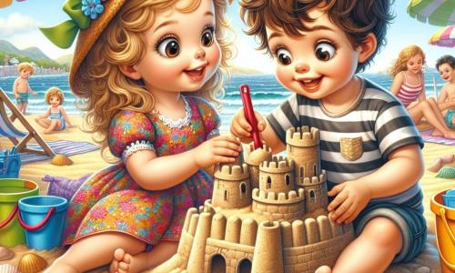 A 2-year-old girl named Lily, with big bright eyes and curly blonde hair, is sitting on the sand, joyfully smiling as she builds a sandcastle. She wears a colorful flower dress and a straw hat. Next to her, a 3-year-old boy named Sam, with messy brown hair and a striped shirt, helps by adding buckets of sand. They are surrounded by colorful beach toys like shovels and buckets. The scene is set on a sunny beach with gentle waves lapping at the shore, colorful umbrellas, and seashells scattered on the golden sand. In the background, families are having fun and children are playing frisbee. The main focus is on Lily and Sam, who are concentrated on their sandcastle, laughing together and sharing ideas to make their creation even more beautiful, while the sun shines in a clear blue sky.