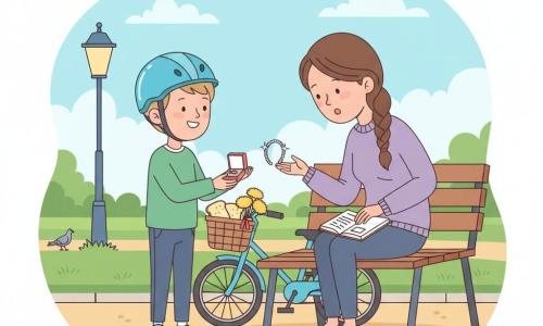 An 8-year-old boy with short light brown hair wearing a shiny blue helmet and a proud gentle expression smiles as he offers a small box with a silver bracelet to his mother, who is about 35 with brown braided hair in a purple sweater, surprised and moved, seated on a wooden park bench and leaning forward to receive the gift while still holding a small open book; a child's bicycle is parked beside the bench with a wicker basket containing buttered bread slices and a bouquet of dandelions tied with a red ribbon; the setting is a small sunny urban park with mowed green grass, a light gravel path, a vintage lamppost, a few pigeons and a pale blue sky with soft clouds; the moment is a tender Mother's Day gift exchange with warm gestures and the bracelet catching the light, in a palette of bright pastels (sky blue, grass green, soft violet, dandelion yellow), clean outlines, simple geometric shapes and light flat shadows.
