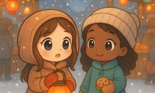 An 8-year-old girl, Mia, with bright sparkling eyes and cheeks rosy from the cold, holds a softly glowing orange lantern. She wears a thick coat and red mittens, and her expression is full of curiosity and courage. Next to her, another 8-year-old girl, Lina, with brown hair and a shy smile, wears wool mittens and holds a small bag of cookies. They stand in a bustling winter market, surrounded by wooden stalls decorated with colorful lanterns and string lights. Snow gently falls around them, covering the ground with a shimmering white layer. The atmosphere is warm and festive, with passersby bundled up in thick coats, creating a joyful and welcoming winter scene.