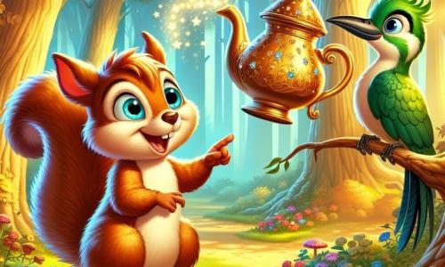 A mischievous squirrel named Nutty, with shiny brown fur and a bushy tail, stands at the center of the scene, eyes wide with surprise and a big smile on his face. He is pointing at a magical teapot adorned with sparkling stars, which floats slightly above the ground. To his right, a wise green woodpecker named Mr. Peckleton, with bright green feathers and a sharp beak, watches the scene with an amused expression, his eyes sparkling with curiosity. He is perched on a low branch, gently tapping the trunk of a tree with his beak, as if sharing a secret. The setting is an enchanted forest, with majestic trees featuring golden leaves, sunlight filtering through the foliage, and a carpet of colorful flowers spread beneath their feet. The main situation shows Nutty making a wish, arms raised towards the teapot, while acorns dance joyfully around him, creating an atmosphere of magic and fun.