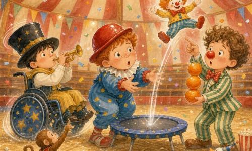 Três crianças numa grande tenda de circo colorida: Tomás (c.10 anos), rosto rondo com sardas, chapéu vermelho brilhante e traje de pequeno palhaço azul, no centro inclinado para a frente segurando um mini-boneco palhaço (Biscoito) que escorrega das mãos; Matias (c.11 anos), cabelos curtos pretos, em cadeira de rodas decorada com estrelas douradas, usando cartola grande e cachecol amarelo, soprando numa pequena trombeta à esquerda de Tomás enquanto gira; Gustavo (c.9 anos), cabelos castanhos encaracolados, nariz de palhaço de borracha e traje listrado verde e branco, à direita de Tomás tentando equilibrar três laranjas e apontando para o boneco que voa; ao fundo um pequeno macaco aponta para cima e uma pata branca aparece na borda da pista; cenário com lona vermelha e branca, arquibancadas de madeira coloridas, refletores suspensos, capim e baldes de pipoca no chão, bandeirolas e confetes; ação leve: o mini-boneco Biscoito sobe após quicar num trampolim, os três reagem com surpresa, excitação e corrida; cores suaves, sombras delicadas e reflexos em branco.