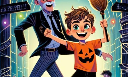 Um garoto de 10 anos, Lucas, com cabelos castanhos bagunçados e olhos brilhantes de curiosidade, dança alegremente no centro de um labirinto de Halloween. Ele usa uma camiseta laranja com um desenho de abóbora e uma calça preta, e seu rosto está iluminado por um grande sorriso, demonstrando seu entusiasmo. Ao lado dele, o guarda do museu, o senhor Aníbal, um homem de cerca de 60 anos, é alto e magro, com óculos redondos escorregando pelo nariz. Ele segura uma vassoura de madeira como se fosse uma guitarra, rindo e dançando com energia. O labirinto é decorado com painéis de madeira preta, teias de aranha brilhantes e luzes coloridas que piscam, criando uma atmosfera mágica e misteriosa. Lucas e Aníbal se divertem juntos, cercados por risadas de crianças e música festiva, celebrando o Halloween em um ambiente de alegria e amizade.