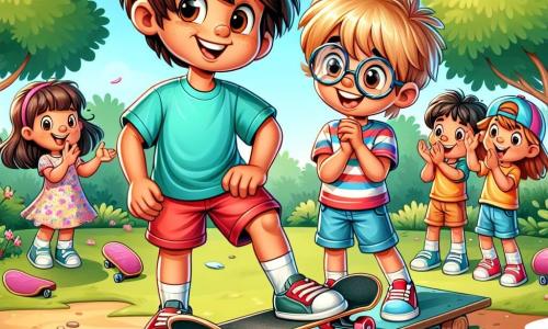 Um garoto de 10 anos, chamado Rafael, com cabelos castanhos bagunçados e olhos brilhantes, está em um skate desgastado, exibindo uma expressão de alegria misturada com leve nervosismo. Ele usa uma camiseta azul vibrante e um short vermelho, enquanto se prepara para realizar uma manobra em uma pequena rampa. Ao lado dele, Tomás, um garoto de 10 anos com cabelos loiros e óculos redondos, sorri amplamente, segurando um skate novinho com rodas vermelhas, pronto para incentivar seu amigo. Sofia, uma garota de 10 anos com cabelos longos e cacheados, usa um vestido florido e aplaude ao fundo, cheia de entusiasmo. A cena acontece em um parque ensolarado, com árvores verdes luxuriantes e crianças brincando ao longe, criando uma atmosfera alegre e dinâmica. Rafael, com uma mistura de excitação e nervosismo, está prestes a mostrar seus talentos como skatista, cercado por seus amigos que o incentivam.