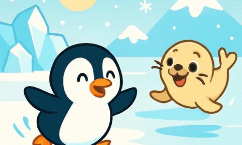 Un piccolo pinguino di nome Pino, con un piumaggio nero e bianco lucente e occhi scintillanti di gioia, scivola sul ghiaccio con un grande sorriso, le sue piccole ali aperte per mantenere l'equilibrio. Accanto a lui, una piccola foca di nome Fifi, con un pelo beige e occhi tondi e maliziosi, ride a crepapelle, sdraiata sulla pancia, pronta a saltare sul ghiaccio. Lo sfondo è un paesaggio invernale magico, con iceberg scintillanti sotto il sole, fiocchi di neve che cadono dolcemente e un cielo blu chiaro. In lontananza, montagne innevate aggiungono un tocco di maestosità alla scena. Pino e Fifi giocano insieme, ridendo e divertendosi, mentre Fifi scivola così veloce da sollevarsi nell'aria, creando un momento di sorpresa e gioia.