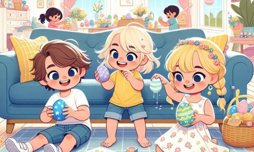 A 4-year-old boy named Timmy, with messy brown hair and a big smile, is crouched on the floor holding a shiny blue Easter egg decorated with sparkling stars. He is wearing a yellow t-shirt and denim shorts, and his sparkling eyes show his joy and excitement. Next to him, Lily, a 4-year-old girl with braided blonde hair and pink glasses, is decorating another egg with colorful stickers. She is wearing a floral dress and leaning in with a focused smile, adding details to her egg. A little further away, Sam, a 4-year-old boy with black hair and freckles, is standing on a chair, pointing up with a look of wonder, as if he has just discovered something amazing. He is wearing a green t-shirt and beige pants. The scene takes place in a bright and welcoming living room with pastel-painted walls and Easter decorations hanging, such as garlands of colorful eggs and paper bunnies. A large, cozy sofa is in the background, and toys are scattered on the floor. The main situation shows Timmy and his friends, all joyful and engaged in decorating Easter eggs, surrounded by laughter and excitement, celebrating this beautiful holiday together.