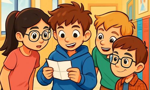 There are four children: Jasper, an 11-year-old boy with messy brown hair and curious sparkling eyes, wearing a blue hoodie and ripped jeans, holding a mysterious piece of paper; Maya, a 10-year-old girl with long black hair in a ponytail, round glasses, and a pink t-shirt, attentively looking at the paper Jasper holds; Liam, an 11-year-old boy with blonde hair and a mischievous smile, dressed in a green t-shirt and shorts, slightly leaning in to listen; and Sam, a 10-year-old boy with brown hair and square glasses, wearing a plaid shirt and beige pants, holding a notebook and observing with interest. The children are in a bright school hallway with yellow walls and sunlight streaming through the windows, colorful lockers lined up on one side, and children's drawings decorating the walls. The main scene shows the four friends investigating a mysterious message written on the paper, with Jasper in the center holding it while Maya, Liam, and Sam lean in around him, their faces lit up with the excitement of discovery.