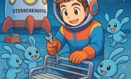 Tom, met warme glimlach, heldere ogen, rond ruimtehelm, kleurrijke jas en handschoenen, monteert geconcentreerd een grote metalen bank met gereedschap; een groep kleine blauwe, niet-menselijke, mollige wezens met lange slappe oren en grote ronde ogen springt vrolijk rond en tikt nieuwsgierig; op de achtergrond staat de raket Sterrenknuffel met glanzende, ronde romp en geel verlichte patrijspoorten; de planeet Bliep heeft een glad, blauw spiegelend oppervlak met glinsterende reflecties en stapels metalen voorwerpen en felle dozen naast de scène; diepe hemel met fonkelende sterren en een zachte maan aan de horizon; Tom heeft de bank van gerecupereerde onderdelen bijna af, de wezens klimmen erop en lachen — sfeer van vreugde en delen, felle kleuren en zachte manga-contouren.
