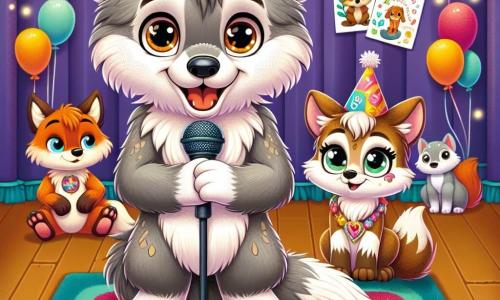 Ein junger Wolf mit grauem Fell und funkelnden Augen, voller Entschlossenheit und Freude, steht auf einer bunten Bühne und hält ein Mikrofon in seinen Pfoten. Er trägt einen kleinen Partyhut und ein breites Lächeln, bereit, seine Botschaft der Hoffnung zu teilen. Neben ihm schaut eine junge Wölfin mit hellbraunem Fell und weißen Flecken auf der Schnauze bewundernd mit leuchtenden Augen der Ermutigung zu. Sie hält ein buntes Plakat mit Zeichnungen und inspirierenden Worten, das ihre Unterstützung zeigt. Die Kulisse ist ein Gemeinschaftsraum, gefüllt mit bunten Ballons und Lichtergirlanden, mit weichen Kissen auf dem Boden, die eine warme und festliche Atmosphäre schaffen. Junge Tiere aus dem Wald, wie Füchse und Eulen, sitzen herum und hören aufmerksam zu. Die Szene zeigt den Moment, in dem der junge Wolf bei einer kleinen Feier spricht, um Geschichten von Mut und Freundschaft zu teilen und alle anderen zu inspirieren, ihre Herausforderungen gemeinsam zu überwinden.