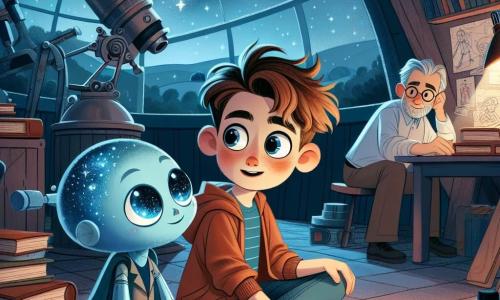 An 11-year-old boy with messy brown hair and sparkling curious eyes sits on the floor in a secret corner of an observatory. He has a look of wonder on his face, holding a spaceship blueprint in his hands, surrounded by books and scientific equipment. Beside him is a small alien named Zeelo, about two feet tall, with luminescent blue skin and starry bright eyes, looking at the boy with a friendly and hopeful expression. In the background, Ben's father, a man in his forties with glasses and a neat beard, watches proudly with a slight smile, standing near a large window overlooking a starry sky. The observatory is filled with telescopes, constellation maps, and soft lights, creating a magical and mysterious atmosphere. The main scene shows Ben and Zeelo preparing the spaceship for Zeelo's return journey to his planet, a moment of camaraderie and excitement as they work together to achieve an intergalactic dream.