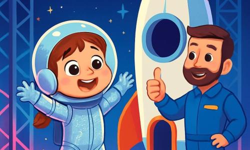 Uma jovem, Sofia, com grandes olhos brilhantes e um largo sorriso, veste um macacão de astronauta prateado que brilha sob a luz. Ela está cheia de excitação e olha para o céu estrelado, pronta para embarcar em sua aventura espacial. Ao lado dela, o comandante, um homem de quarenta e poucos anos com uma barba bem cuidada e um uniforme azul, lhe faz um sinal encorajador, de pé perto da porta do foguete. O local é uma plataforma de lançamento futurista, cercada por grandes estruturas metálicas e luzes coloridas, com um céu noturno salpicado de estrelas brilhantes. Sofia está diante do foguete, pronta para embarcar, com os braços levantados em sinal de alegria, enquanto faíscas de luz surgem ao seu redor, anunciando o início de sua incrível viagem pelo espaço.