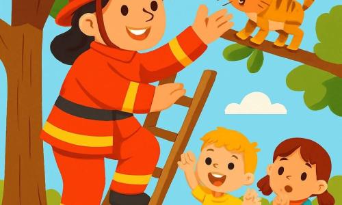 Een grote en sterke brandweervrouw, Anna, glimlachend en vastberaden, draagt een felrode uniform en een glanzende helm. Ze klimt vol vertrouwen op een houten ladder en steekt haar hand uit naar een klein getijgerd kitten dat miauwt, hoog op een groene tak. Een 6-jarig jongetje met blond haar en sprankelende ogen staat onderaan de ladder met zijn armen omhoog, vol opwinding en bewondering. Naast hem kijkt een 5-jarig meisje met bruine vlechten en een kleurrijke jurk met grote ogen toe, ongeduldig om de redding van het kitten te zien. De scène speelt zich af in een zonnig park, omringd door loofbomen en kleurrijke bloemen. Een heldere blauwe lucht met enkele witte wolken voegt schoonheid toe aan de dag. Anna redt het kitten dat in de boom vastzit, terwijl de kinderen haar aanmoedigen met vreugdekreten, wat een energieke en blije sfeer creëert.