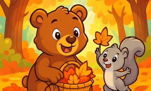 A young brown bear named Benny, with soft, silky fur, is sitting on a carpet of autumn leaves, his eyes shining with excitement and a wide smile on his face. He holds a basket filled with colorful leaves, the yellows, reds, and oranges sparkling in the sun. Next to him, a small gray squirrel named Lucy, with big sparkling eyes and a bushy tail, jumps for joy while holding a star-shaped leaf, her face radiating happiness. The scene takes place in an enchanted forest, where majestic trees are covered in vibrant leaves, creating a rainbow of warm colors. Sun rays pierce through the branches, illuminating the ground scattered with crunchy leaves. Benny and Lucy are creating a large autumn collage with the leaves they’ve collected, surrounded by the vibrant beauty of nature.