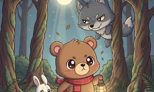 Bramble is a chubby, soft chibi bear with warm brown fur, bright round eyes and a red scarf, walking confidently holding a small wicker lantern that lights the path; a slightly larger chibi Big Bad Wolf with textured gray fur, pointed ears, narrowed stylized eyes and a sly smirk watches from shadowed tree trunks with a long shadow behind him; a small white chibi rabbit with drooping ears and wide fearful eyes trembles and hides behind a low stump near Bramble, looking toward the wolf; the scene is on a narrow forest path lined by three twisted mossy pines with visible roots, ferns and scattered leaves, under a pale yellow full moon casting soft light and shadows — a cute, slightly tense nighttime confrontation with warm colors for Bramble and cool tones for the wolf.