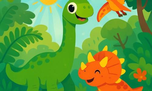 Ein fröhlicher und neugieriger Diplodocus mit leuchtend grüner Haut und großen runden Augen steht inmitten einer Kuppel aus glänzenden Blättern und hebt seinen langen Hals in den sonnigen Himmel. Neben ihm spielt ein lebhaft gefärbter Triceratops mit gelben Hörnern und einem roten Panzer im Gras und hüpft fröhlich. Im Hintergrund fliegt ein Flugsaurier mit bunten Flügeln zwischen den Bäumen und schaut den Diplodocus mit einem freundlichen Lächeln an. Die Szenerie ist ein dichter, üppiger Dschungel, gefüllt mit großen Farnen, leuchtenden Blumen und Sonnenstrahlen, die durch das Laub brechen. Die Hauptsituation zeigt den Diplodocus, der sich darauf vorbereitet, mit seinen Freunden zu spielen, die alle zusammen lachen und Spaß in dieser wunderbaren Welt haben.