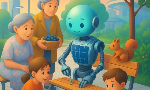 Hauptfigur: kleiner städtischer Hilfsroboter aus Silberdrähten und Solarpaneelen, rund leuchtender blau-grüner Kopf, sanfte LED-Augen, freundlicher Ausdruck, er montiert mit filigranen mechanischen Händen und kleinen Schrauben eine klappbare Bank; Nebenfiguren: eine ältere Frau mit grauem Dutt und pastellblumigem Kleid sitzt halb aufgeklappt rechts, eine zweite ältere Frau im senffarbenen Mantel hält dankbar einen Korb mit Brombeeren links, zwei Kinder (Mädchen mit Zöpfen, Junge in Shorts) hocken staunend vorn und helfen mit Brett und Schrauben; ein kleines rotes Eichhörnchen schnuppert neugierig an einem geschützten Kabel an der Bank; Ort: futuristische Gartenstraße mit weißen Platten, Beeten und essbaren Pflanzen, gläsernen Türmen und schwebenden Brücken im Hintergrund, abgerundete Solarlaternen und sanftes Dämmerlicht; Szene: warme, konstruktive Stimmung, gemeinsame Installation einer solarbetriebenen Klappbank unter einem Obstbaum, gesättigte aber sanfte Farben, glatte Texturen und sichtbare mechanische Details.