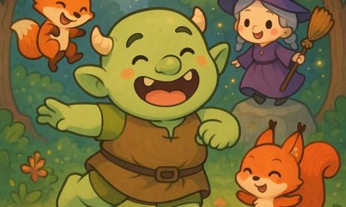 Un ogro niño sonriente y alegre, regordete y redondo, piel verde clara, pequeñas cuernos redondeados, orejas grandes y flexibles, dientes amables visibles, baila descalzo dando pasos cómicos en una clara; a su derecha, sobre un tocón, Pepi, una ardilla hembra de pelaje rojizo brillante y ojos negros redondos, cierra los ojos y salta imitando sus pasos; a la izquierda en segundo plano Zacarías, un zorro macho de pelaje naranja vivo y cola tupida, salta y hace piruetas con una sonrisa pícara; detrás, sobre una roca, Griselda, una bruja con vestido violeta y sombrero puntiagudo redondeado, cabello gris en trenzas, sostiene una escoba vieja y crea pequeñas luciérnagas luminosas que flotan alrededor; la clara tiene suelo cubierto de musgo y flores, troncos nudosos formando un círculo protector, cielo crepuscular con estrellas tímidas y farolillos mágicos colgantes; escena: fiesta de baile sin música, movimiento contagioso y alegre, posturas exageradas y risas, ambiente cálido y colorido, iluminación suave y contrastes pastel; estilo gráfico: trazos gruesos y redondeados, colores saturados pero suaves, texturas simples, expresiones faciales muy legibles y composición centrada en el ogro.