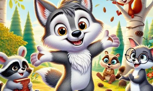 Un pequeño lobo llamado Lupo, con pelaje gris y ojos brillantes de picardía, está en el centro de la imagen, sonriendo ampliamente y levantando los brazos, lleno de entusiasmo. A su lado, un pequeño conejo llamado Tito, con gafas redondas y un libro bajo el brazo, mira a Lupo con una sonrisa divertida, tratando de no perder el equilibrio en una rama. Un poco más allá, un mapache llamado Paco, con pelaje blanco y negro y una expresión traviesa, está haciendo malabares con piñas, riendo a carcajadas. Finalmente, una ardilla llamada Lola, con un pelaje rojo brillante y una cola esponjosa, está posada en una rama, aplaudiendo con alegría. El escenario es un hermoso claro soleado, rodeado de majestuosos árboles de hojas verdes brillantes, con flores coloridas esparcidas por el suelo. En el centro, un gran sombrero enrollado en ramas, listo para volar, atrae la atención de los amigos. La escena principal muestra a Lupo y sus amigos celebrando su reciente aventura, riendo y animándose, listos para hacer volar el sombrero gigante que construyeron juntos.