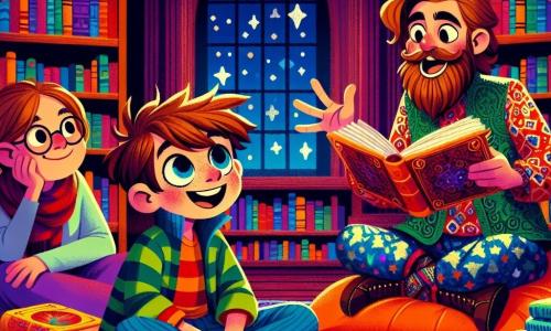 An 8-year-old boy, Ethan, with messy brown hair and sparkling curious eyes, is sitting on a fluffy cushion in a library corner. He is smiling widely, his cheeks slightly flushed with excitement, as he listens attentively to a story. Next to him, his mom, a woman in her thirties with brown hair and round glasses, watches him proudly, sitting on a bright red cushion with an open book on her lap. In front of them, a jovial man with a bushy beard, Mr. Whiskers, stands enthusiastically gesturing, dressed in a colorful shirt and patterned pants. The library is a magical place, with dark wooden shelves filled with shiny-covered books, soft lighting creating a warm atmosphere, and colorful posters on the walls depicting story characters. The main scene shows Ethan captivated by the story, his eyes shining with imagination, while Mr. Whiskers narrates a fascinating adventure, with children around him laughing and marveling, creating a joyful and welcoming atmosphere.