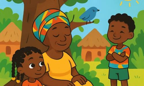 Een vrouw genaamd Mama Sira, ongeveer 50 jaar oud, zit onder een grote baobab. Ze draagt een stralende gele jurk en een kleurrijke sjaal op haar hoofd, haar gezicht straalt sereniteit en wijsheid uit. Haar ogen glanzen met een zachte licht terwijl ze aandachtig naar de natuur om haar heen luistert. Naast haar zit een klein meisje genaamd Ayo, 8 jaar oud, met krullend haar en vlechten versierd met kralen, in kleermakerszit. Ze heeft een nieuwsgierige en verwonderde blik, met haar handen op haar knieën, klaar om naar de verhalen van de stilte te luisteren. Een klein jongetje genaamd Kofi, 6 jaar oud, met een ondeugende glimlach en kleurrijke kleren, staat iets op de achtergrond met gekruiste armen, geïntrigeerd door de scène. De locatie is een levendig Afrikaans dorp, met lemen huizen met rieten daken, omgeven door weelderig groen. De zon straalt hoog aan de hemel en werpt zachte schaduwen onder de majestueuze baobab, wiens wortels zich uitstrekken als beschermende armen. De hoofdscène toont Mama Sira, Ayo en Kofi die samen een moment van stilte delen, luisterend naar de zachte geluiden van de natuur. De vogels zingen, de wind laat de bladeren dansen, en een sfeer van vrede en verbinding hangt in de lucht.