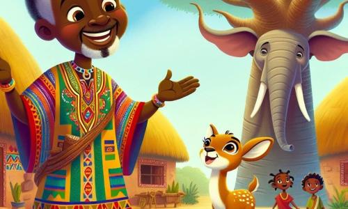 Kofi, un uomo di quarant'anni, ha un sorriso caloroso e occhi brillanti di curiosità. Indossa una tunica colorata in tessuto tradizionale, decorata con motivi africani. Si trova sotto un grande baobab, con le braccia aperte, come se stesse condividendo una storia affascinante con i bambini del villaggio. Accanto a lui, Tula, una piccola antilope dal pelo dorato e dagli occhi grandi ed espressivi, lo guarda con ammirazione. È piena di energia, pronta a saltare, e si trova proprio accanto a lui, saltellando sulle zampe posteriori. Un po' più in là, Biko, un maestoso elefante grigio con grandi orecchie e una lunga proboscide, ascolta attentamente. Ha un'espressione saggia, come se custodisse i segreti della savana. Il luogo è un villaggio africano vibrante, con capanne in argilla dai tetti di paglia, circondato da una vegetazione lussureggiante e fiori colorati. Il sole tramonta all'orizzonte, proiettando una luce dorata sulla scena. Kofi sta raccontando una storia avvincente ai bambini riuniti attorno a lui, mentre Tula e Biko lo ascoltano attentamente, creando un'atmosfera magica e calorosa, piena di gioia e condivisione.