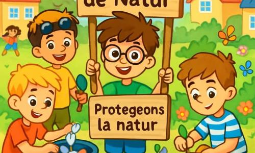 Es gibt vier Kinder: - Jonas: ein 10-jähriger Junge mit zerzausten braunen Haaren und runden Brillen. Er trägt ein grünes T-Shirt und eine blaue Shorts. Er steht in der Mitte, lächelt und hält ein kleines Holzschild mit der Aufschrift 