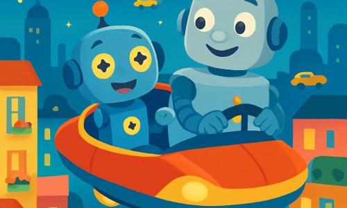 Een klein robotje genaamd Knopje, met ronde, glanzende ogen als sterren en een glimlachende mond, zit in een glanzende zweefkar en toont een uitdrukking van vreugde en opwinding. Naast hem staat een grote robot genaamd Meneer Gloei, met een zilveren lichaam en zachte lichten, die trots glimlacht terwijl hij het stuur vasthoudt, met een uitdrukking van vriendelijkheid. De scène speelt zich af boven Glimlachstad, een futuristische stad met kleurrijke gebouwen, bloemen op de balkons en fonkelende lichten die in de lucht dansen. Op de achtergrond glijden vliegende auto's vredig tussen de wolkenkrabbers, terwijl kinderen en robots vrolijk op straat spelen. Knopje en Meneer Gloei vliegen in de zweefkar, verwonderd over de schoonheid van hun stad en samen de wonderen van Glimlachstad verkennend.