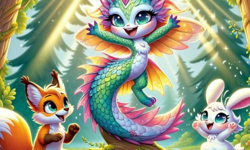 Luma, een magisch wezen met glinsterende schubben als diamanten en ogen in regenboogkleuren, staat trots op de top van een hoge boomtak, terwijl de wind door haar schubben speelt. Ze glimlacht breed, vol vertrouwen en vreugde, terwijl ze haar poot naar de lucht heft om haar overwinning te vieren. In de buurt applaudisseert Finn, een slimme vos met een feloranje vacht en een pluizige staart, enthousiast, met glinsterende ogen van trots voor zijn vriendin. Mia, een klein konijn met grote oren en een witte vacht, springt van blijdschap op de grond, met sprankelende ogen van opwinding, terwijl ze Luma aanmoedigt met blije kreten. De scène speelt zich af in een zonnige open plek van het betoverde bos, omringd door majestueuze bomen met heldergroene bladeren en kleurrijke bloemen die dansen op de melodie van de bries. Zonne-stralen doorbreken het loof en verlichten de scène met een zachte gouden gloed. Luma heeft net een wedstrijd gewonnen door naar de top van een boom te klimmen, en viert dit moment van triomf met haar vrienden, wat het thema van zelfvertrouwen en vriendschap illustreert.