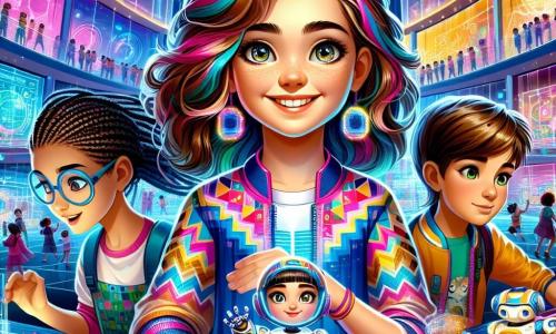 Una ragazza di 12 anni, di nome Martina, si trova al centro del palco, con lunghi capelli castani ricci e occhi brillanti di curiosità. Indossa una tuta futuristica colorata, decorata con motivi geometrici, e un grande sorriso illumina il suo volto mentre osserva meravigliata le innovazioni tecnologiche intorno a lei. Accanto a lei, Leo, un ragazzo brasiliano di 11 anni, con capelli corti e occhiali tondi, sta maneggiando un piccolo robot che ha costruito. Sembra concentrato ed entusiasta, i suoi occhi brillano di eccitazione. Un po' più in là, Aisha, una ragazza indiana di 12 anni, con lunghi capelli neri intrecciati, è seduta davanti a uno schermo olografico, mentre programma un gioco educativo. Sorride guardando Martina, condividendo la sua gioia. Il luogo è il Centro di Scoperta di Lumina, una grande struttura futuristica dalle forme fluide e colorate, con muri di vetro che riflettono luci al neon vivaci. Bambini di diverse nazionalità esplorano le varie sezioni, circondati da robot e schermi interattivi. La situazione principale mostra Martina, Leo e Aisha che collaborano insieme, circondati da gadget tecnologici, mentre creano un prototipo innovativo per purificare l'acqua, simboleggiando lo spirito di squadra e la creatività che regnano in questa città futuristica.