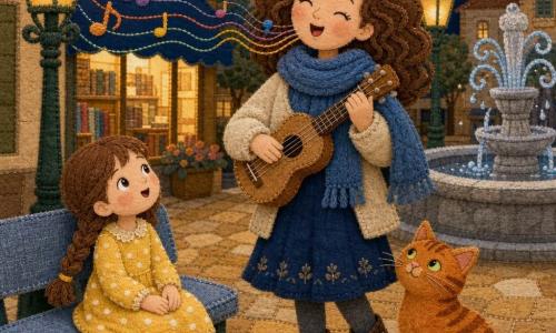 Una donna (Nina) sorridente e dolce con sciarpa di lana blu, capelli castani ricci e occhi sorridenti tiene un piccolo ukulele chiaro e un tamburello con pompon cantando dondolando il corpo; una bambina di 4 anni con trecce e vestito giallo a pois bianchi è seduta su una panchina di legno a sinistra, mani sulle ginocchia, incantata; un gatto rosso tigrato con occhi verdi è seduto vicino ai piedi di Nina con la coda arrotolata, curiosamente guarda l'ukulele; la scena è una piccola piazza lastricata al crepuscolo con lampioni verdi, una fontana di pietra sullo sfondo, una libreria illuminata con vetrina e libri impilati; atmosfera calda, colori ocra, blu notte e salvia, musica e voce rappresentate come piccole onde colorate.