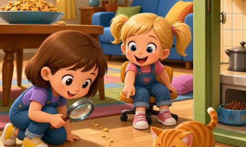 Três personagens: Lia, menina de 3 anos, cabelo castanho curto, agachada à esquerda com uma lupa; Bia, menina de 3 anos, cabelo loiro em rabos, sentada numa cadeira pequena à direita, rindo e apontando um rasto de migalhas; Mingau, gato tigrado laranja e branco de ~1 ano, lambendo os beiços ao lado de um pedaço de biscoito em forma de estrela, em primeiro plano perto da porta da cozinha. Ambiente: cozinha-sala luminosa e acolhedora, chão em madeira clara com tapete colorido, mesa de madeira ao fundo com uma tigela grande de biscoitos estrela e sofá azul com almofadas; porta da cozinha entreaberta mostrando um pote de ração. Situação: as duas pequenas detetives seguem um trilho de migalhas que vai da tigela até o gato; Lia segura a lupa, Bia aponta e ri; atmosfera suave, cores pastel, expressões exageradas e amigáveis, composição centrada no rasto de migalhas.